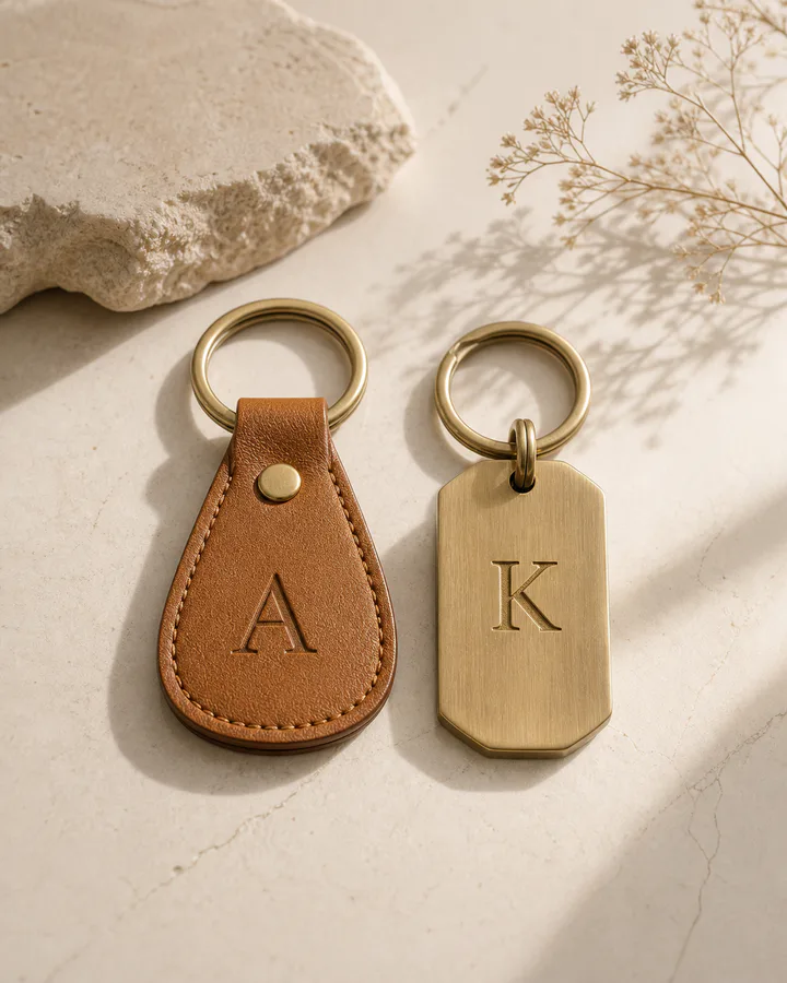 Leather and brass keychains engraved with custom initials