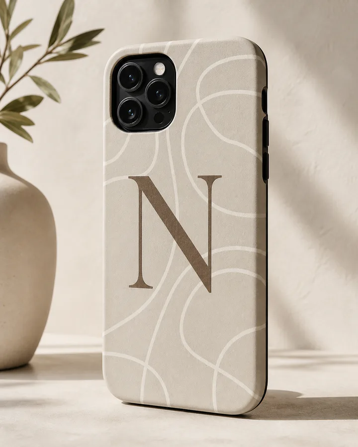 Neutral custom phone case personalized with an embossed initial