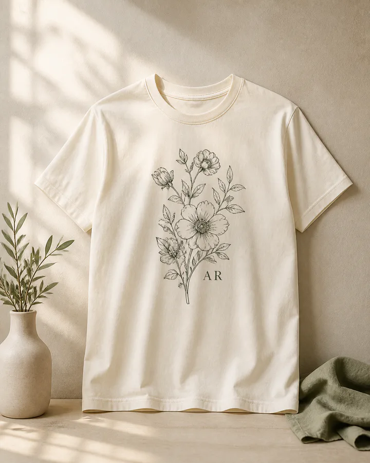 Cream custom T-shirt with a botanical print and personalized initials