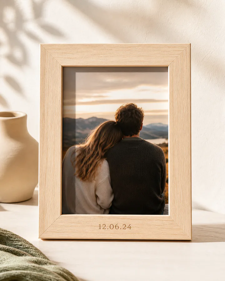 A personalized wooden photo frame holding a treasured memory