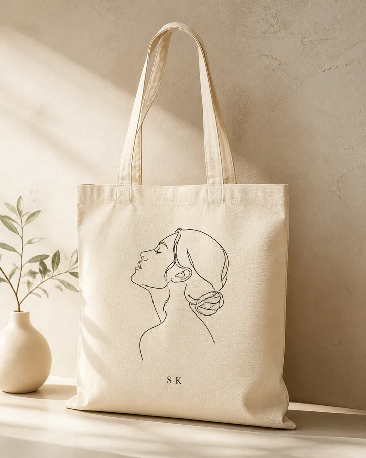 Canvas tote bag with a custom line portrait and initials