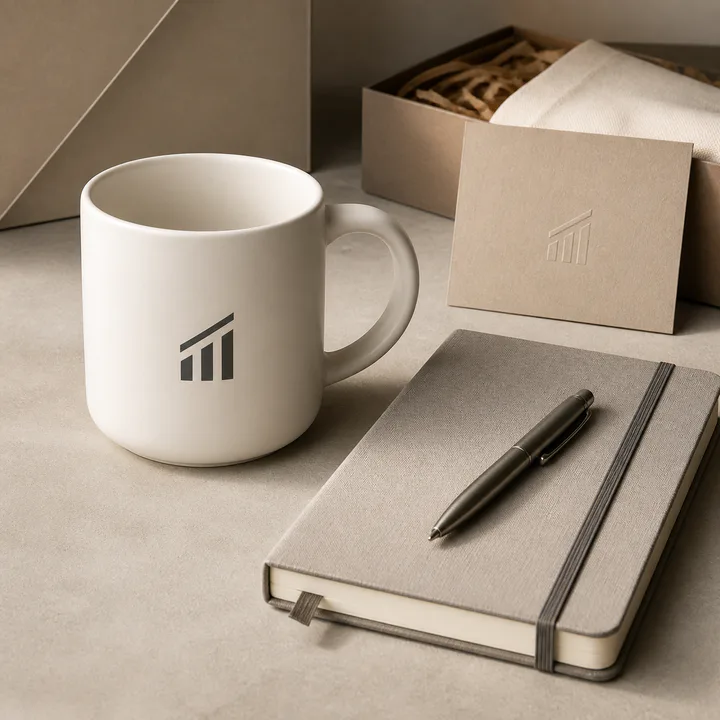 Ivory ceramic mug printed with an original abstract company mark
