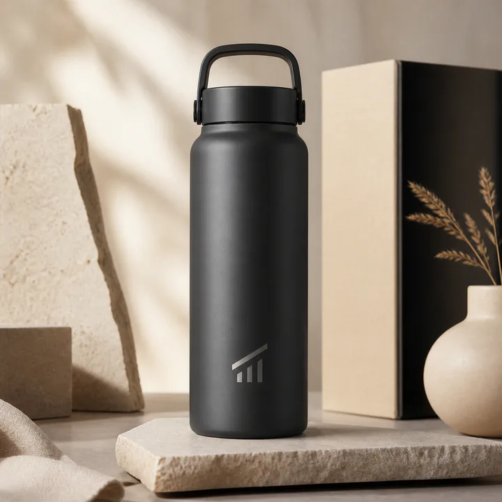 Matte charcoal insulated bottle with an original geometric company mark