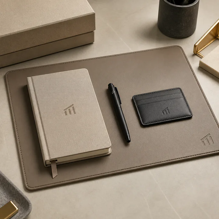 Custom branded office essentials arranged for a modern workspace