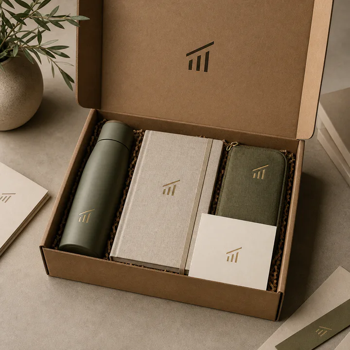 Branded employee welcome gift set with workplace essentials