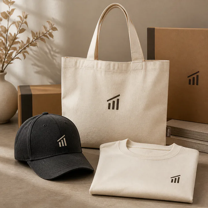 Coordinated logo merchandise set for a corporate event