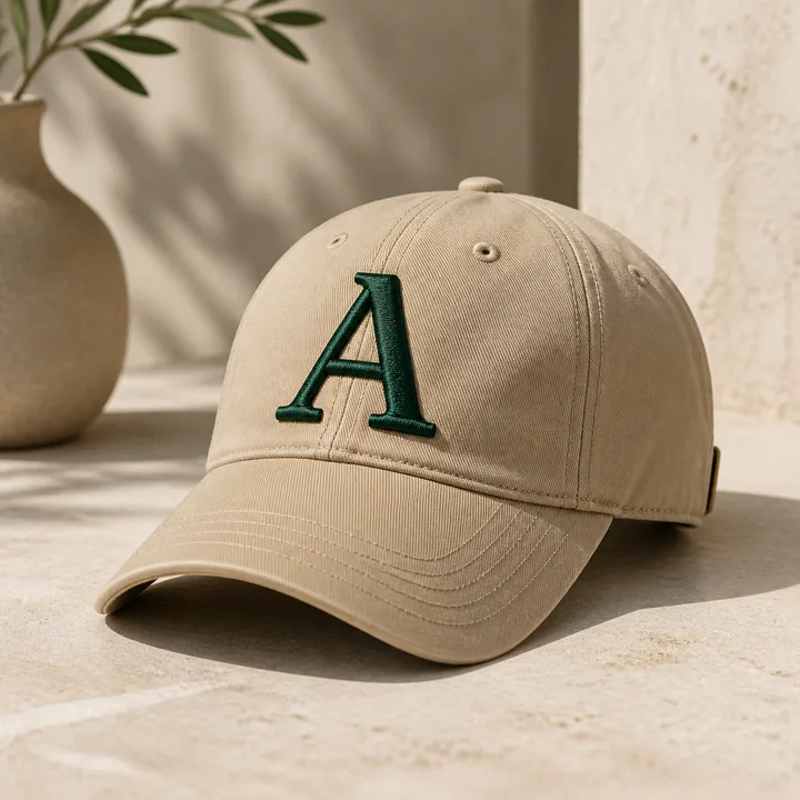 Sand baseball cap embroidered with a large forest green initial