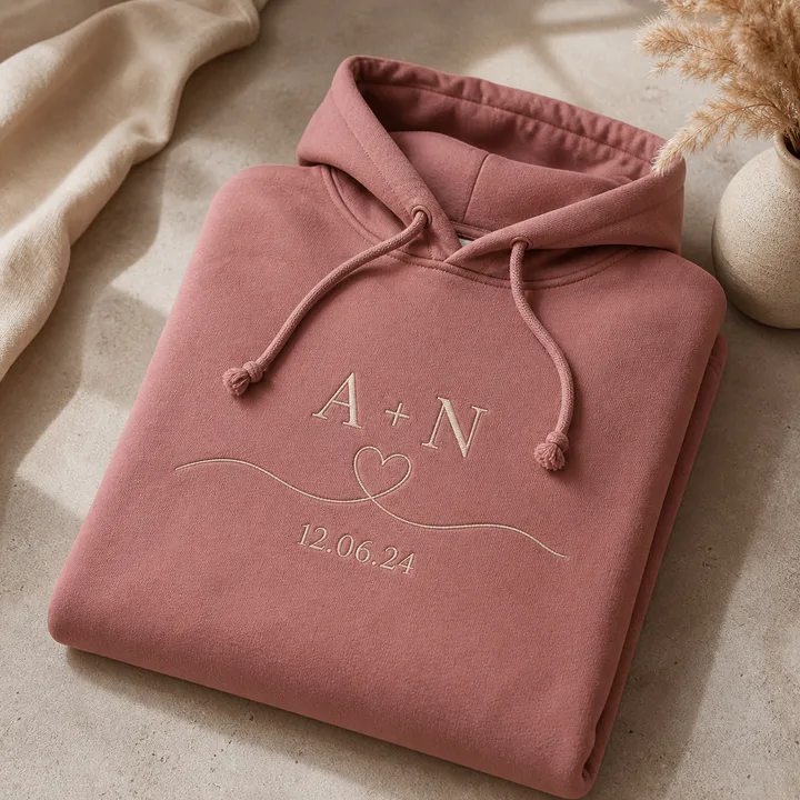 Dusty rose hoodie with couple initials and a personalized date