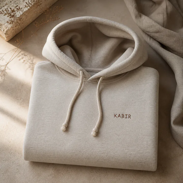 Oatmeal hoodie with a small embroidered personalized name