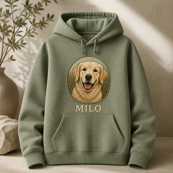 Sage hoodie with a personalized illustrated dog portrait
