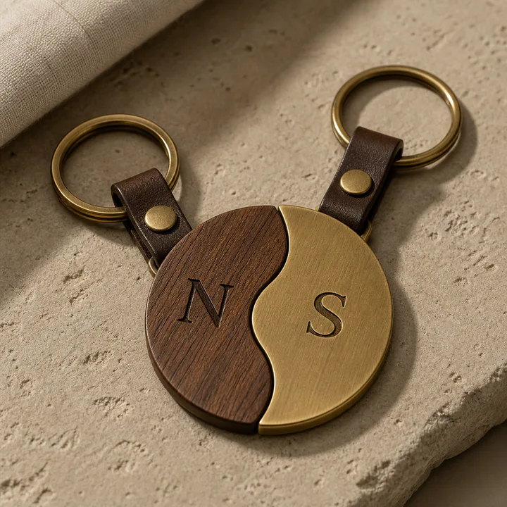 Pair of matching keychains engraved with couple initials