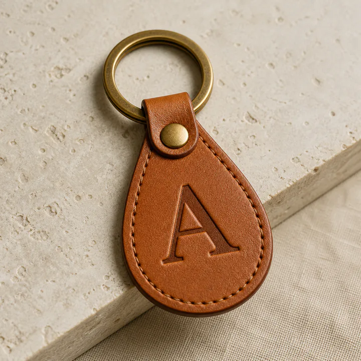 Tan leather keychain embossed with a custom initial