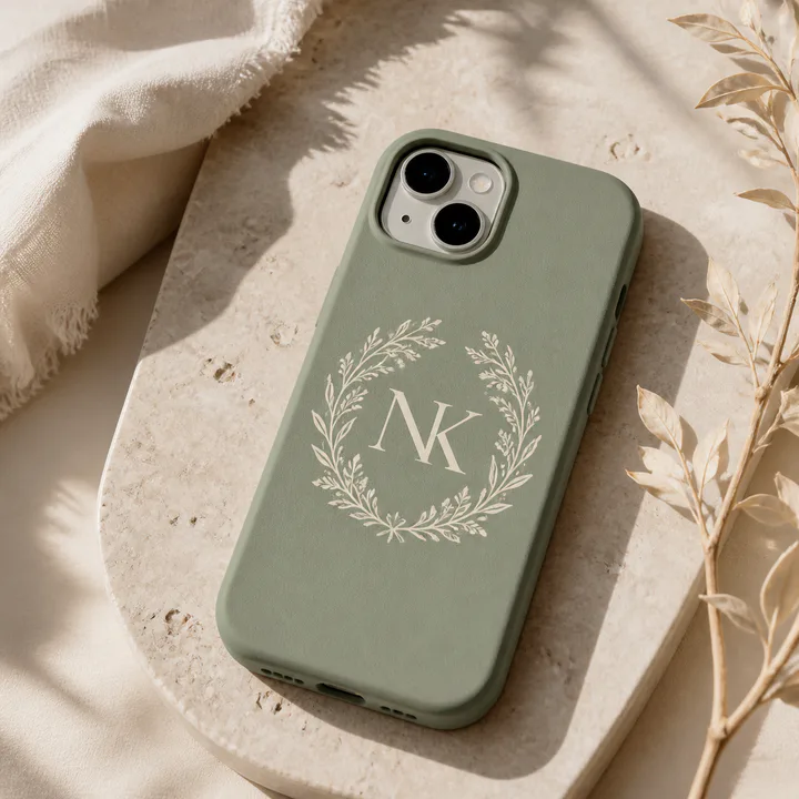 Sage phone case with a floral monogram design