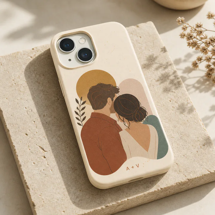 Cream phone case with a personalized couple illustration