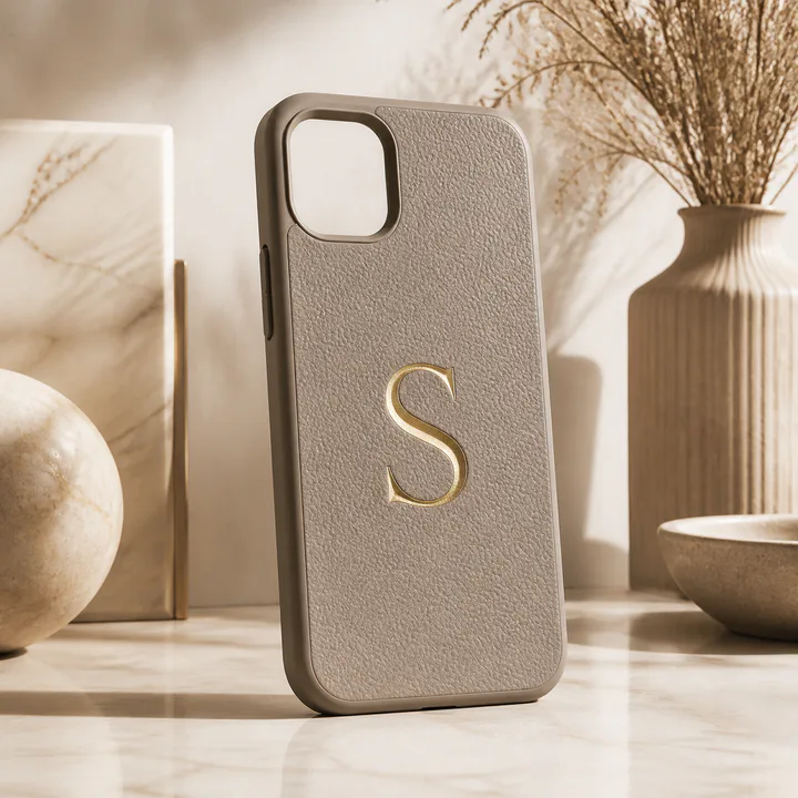 Taupe phone case with a large embossed gold initial