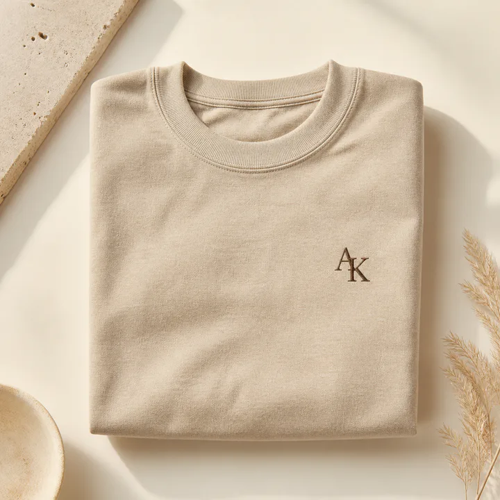Stone T-shirt with a small embroidered-style AK monogram