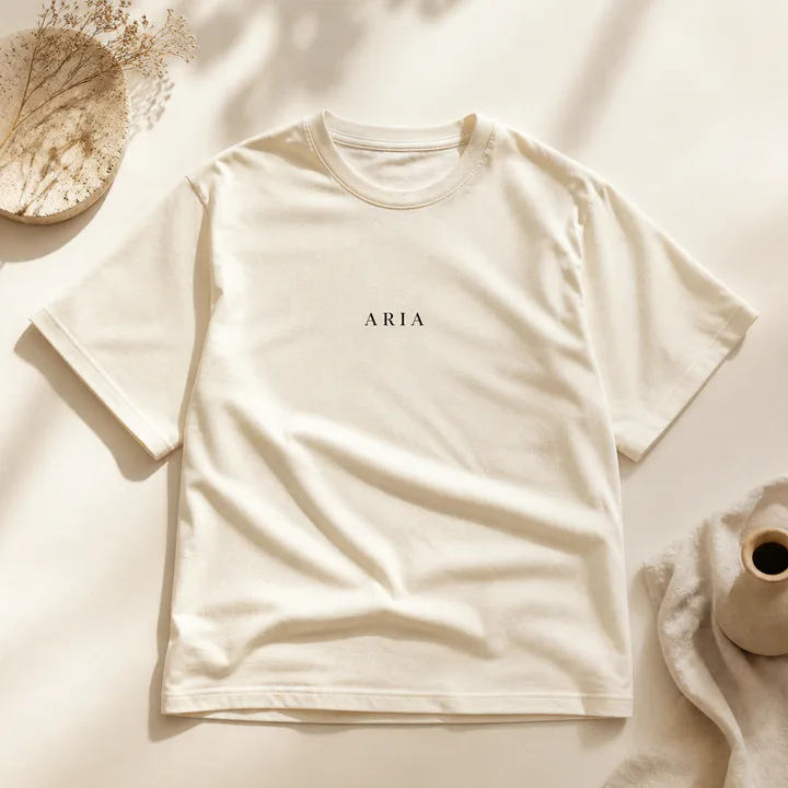 Cream T-shirt personalized with the name Aria in minimal typography