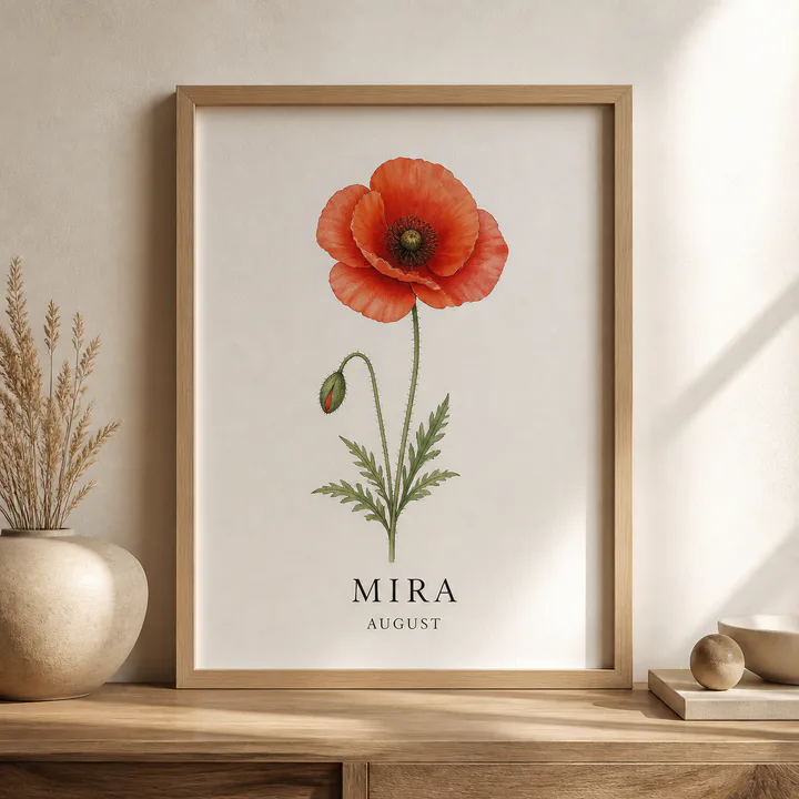 Slim oak frame with a minimal personalized birth flower illustration