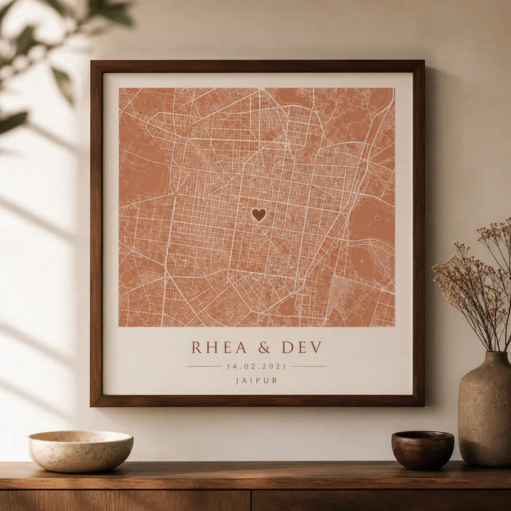 Walnut framed custom city map with a personalized name and date