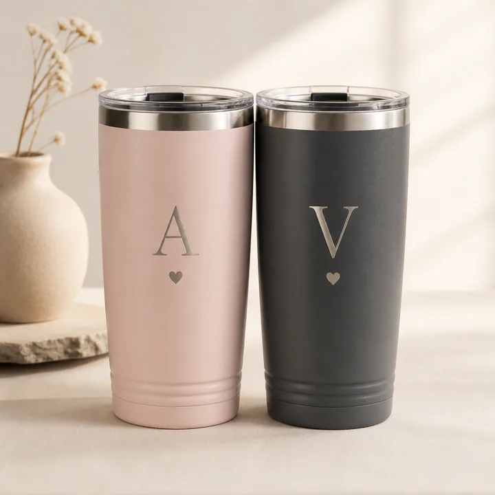 Pair of blush and charcoal tumblers with couple initials