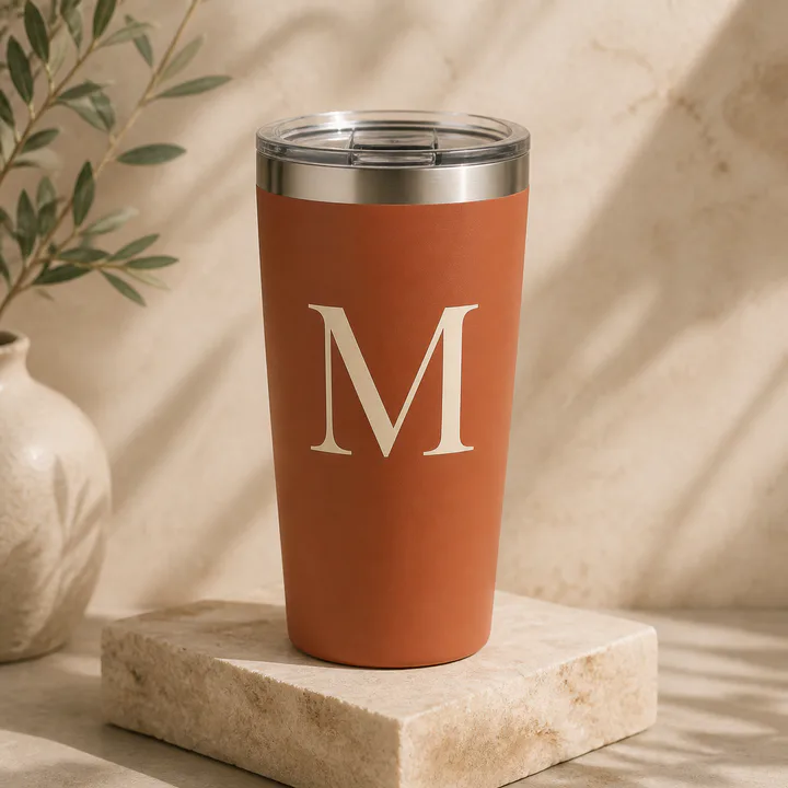 Terracotta travel tumbler personalized with a large initial