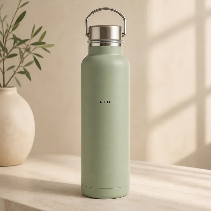Sage water bottle with a small minimal personalized name