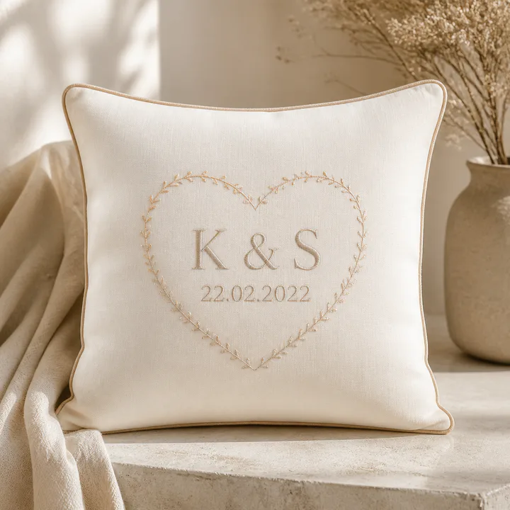 Ivory cushion with couple initials and an anniversary date