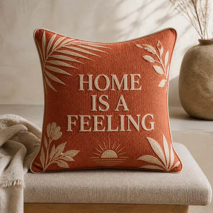 Terracotta cushion with a custom cream quote layout