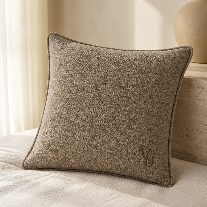 Taupe cushion embroidered with a minimal custom monogram