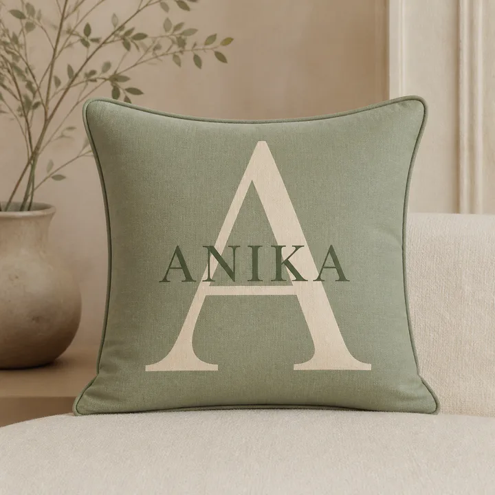 Sage cushion with a large initial and personalized name