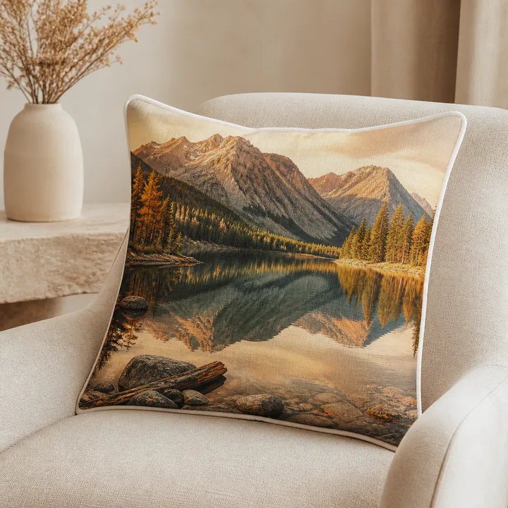 Cream cushion featuring a custom warm-toned travel photograph