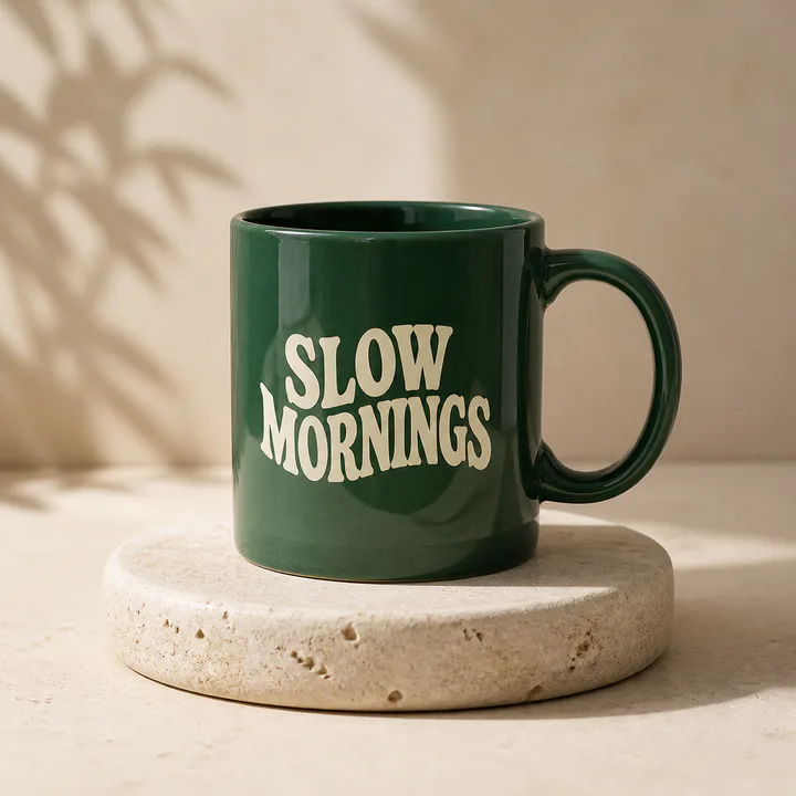 Deep green mug with a custom cream quote layout