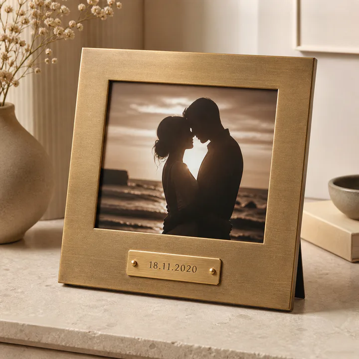 Brass photo frame with an anniversary portrait and engraved date
