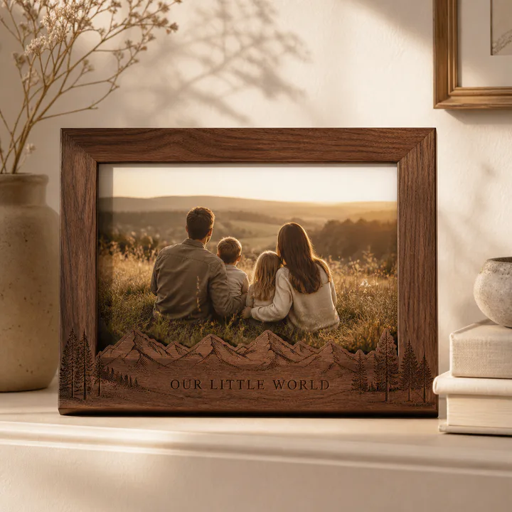 Walnut photo frame with a family photograph and custom caption