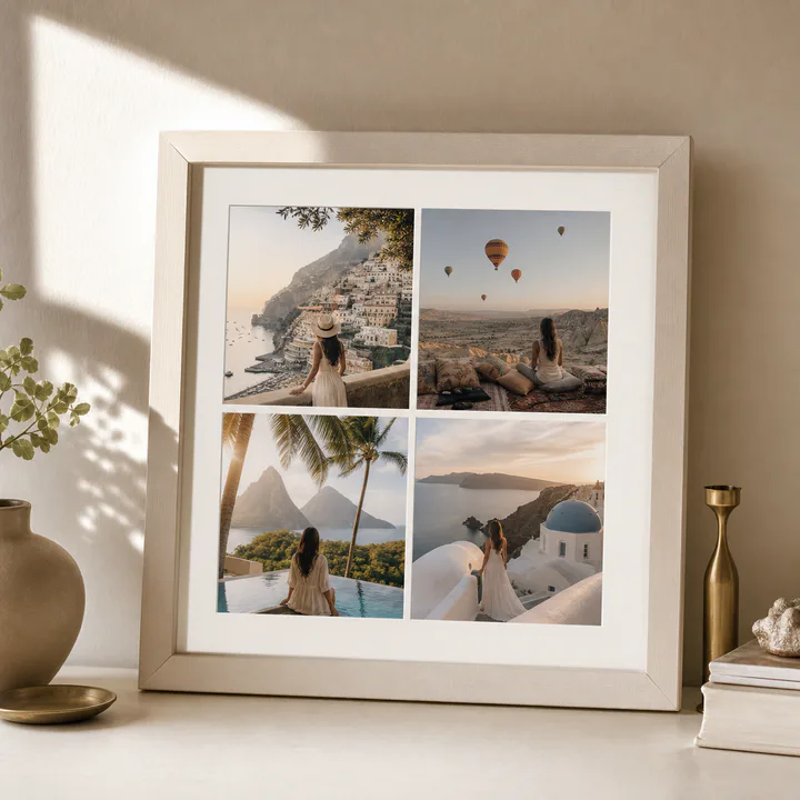 Large cream photo frame displaying a four-image memory collage