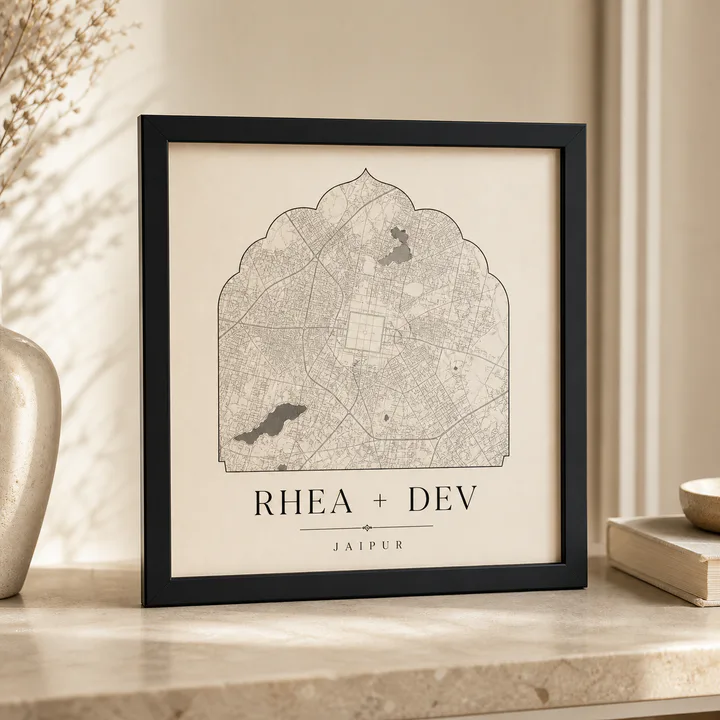 Slim black frame with minimal personalized name typography