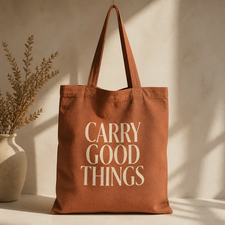 Terracotta tote bag with a bold custom quote design