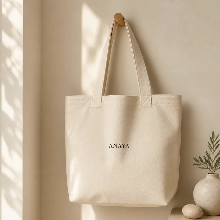 Natural canvas tote personalized with a minimal black name